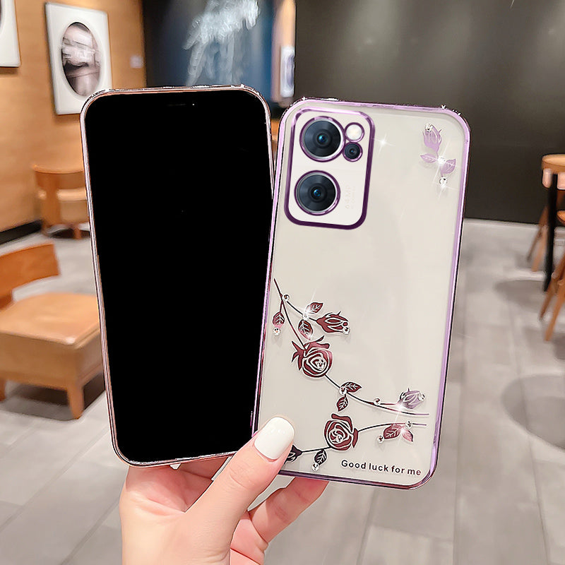 TPU Phone Case For Oppo Reno7 5G (Global) Anti-fall Phone Shell Rhinestone Decor Flower Pattern Electroplating Back Cover TPU Phone Case For Oppo Reno7 5G (Global) Anti-fall Phone Shell Rhinestone Decor Flower Pattern Electroplating Back Cover